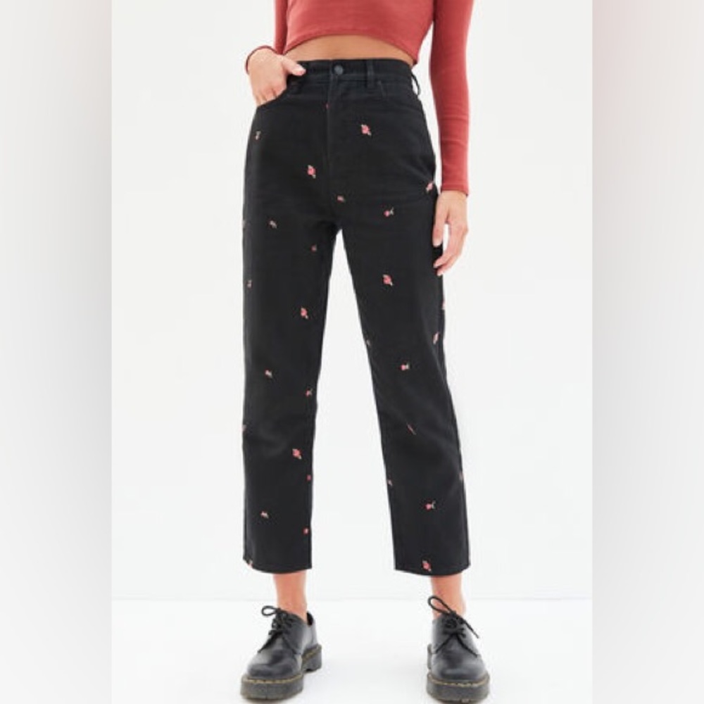 PacSun high rise straight black jeans with embroidered roses flowers